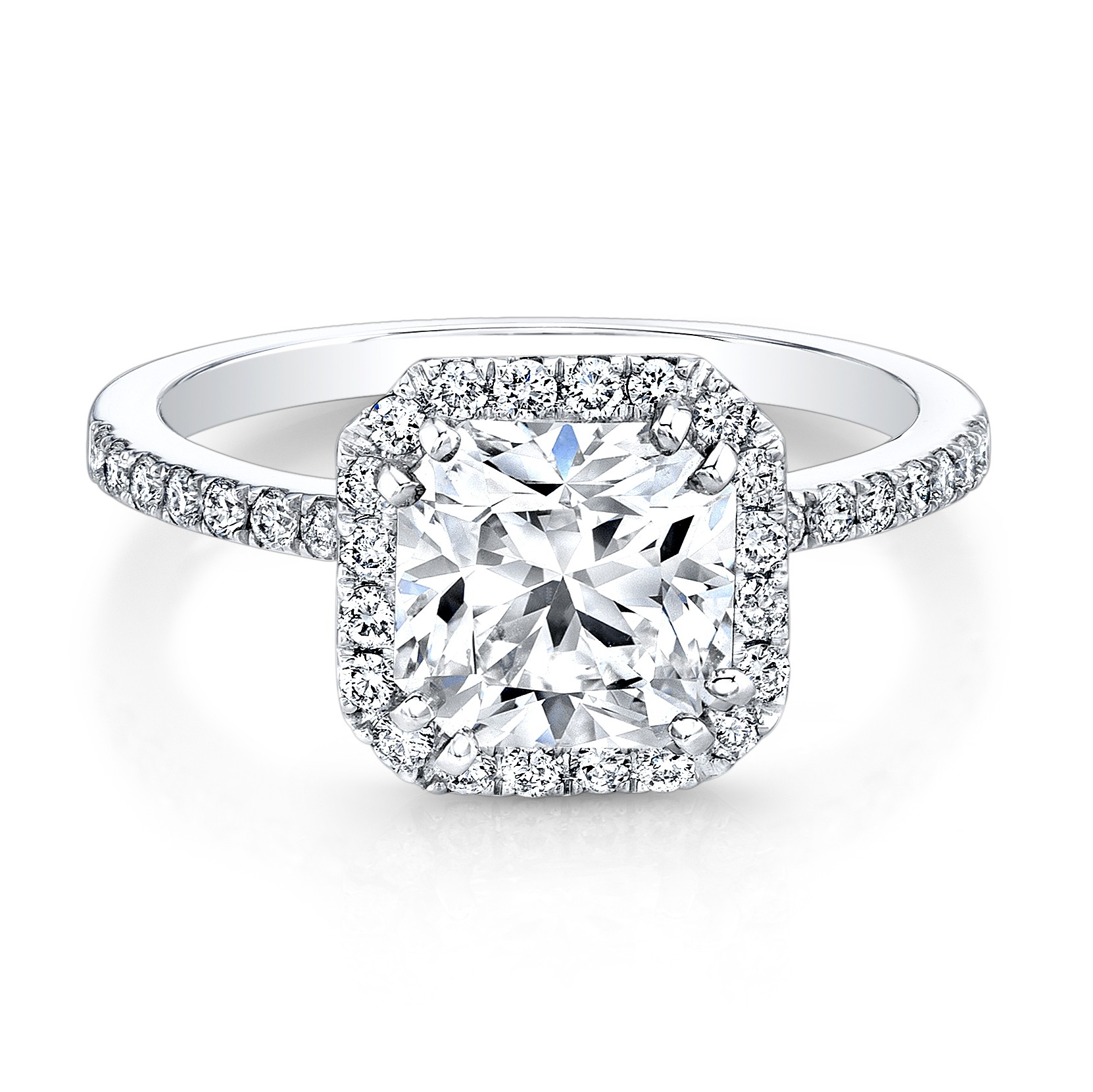 18K White Gold Square Halo Bezel-Set Diamond Accent Engagement Ring