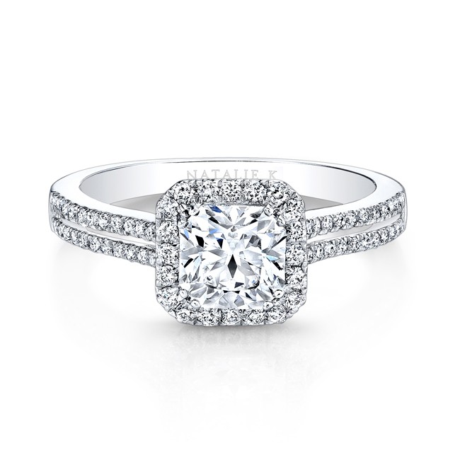 18K White Gold Split Prong Square Halo Diamond Engagement Ring
