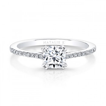 18K White Gold Diamond Lined Split Prong Engagement Ring 