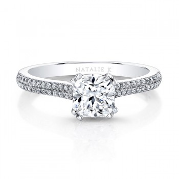 18K White Gold Double Diamond Row Band Split Prong Center Mounting Engagement Ring