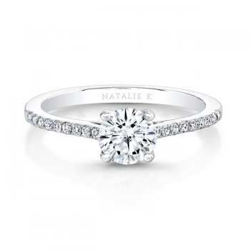 18K White Gold Diamond Lined Band and Prong Engagement Ring 