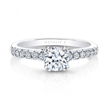 18K White Gold Elongated Diamond Accented Shank Engagement Ring 