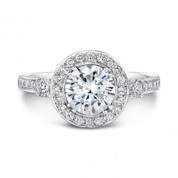 18K White Gold Diamond Halo Three Stone Engagement Ring 