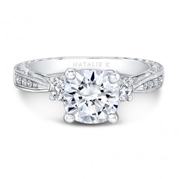 18k White Gold Tapered Milgrain Shank Diamond Engagement Ring