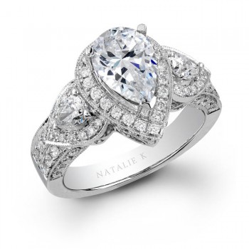 14k White Gold Pear Shaped Side Stone Diamond Engagement Ring NK15191-W