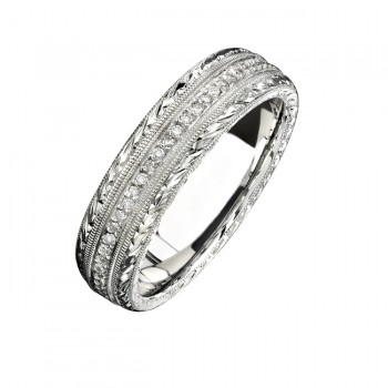 14k White Gold Hand Engraved Pave Diamond Men's Band - NK15387-W