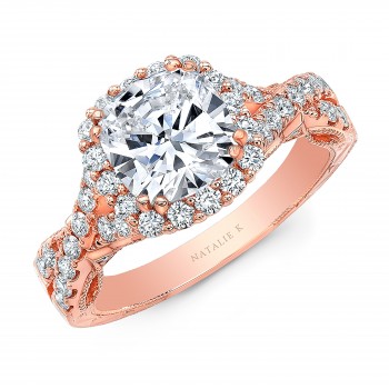 18K ROSE GOLD CUSHION SHAPE HALO CRISS CROSS ENGAGEMENT RING NK35971-R