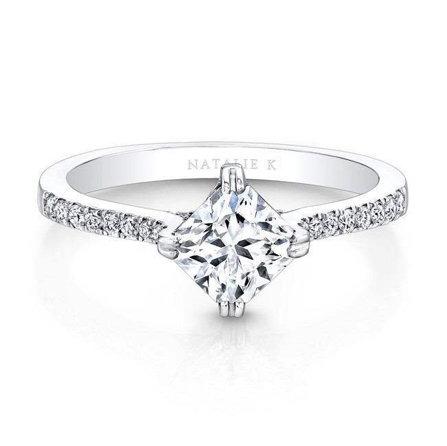 18K White Gold Diagonal Diamond Prong Setting Engagement Ring